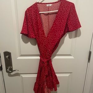 Red and White polka-dotted Wrap dress